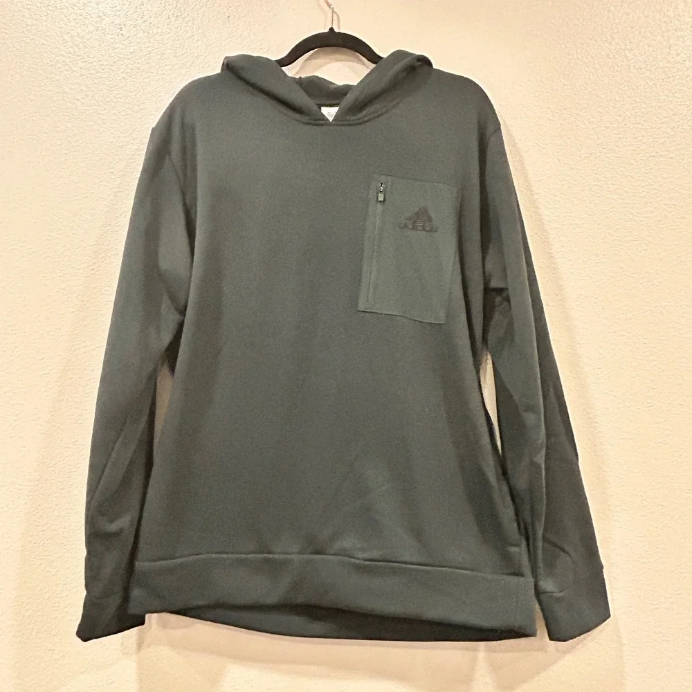 Adidas Fleece Hoodie Dark Green Zip Chest Pocket Pullover Men's Size Large‎ L